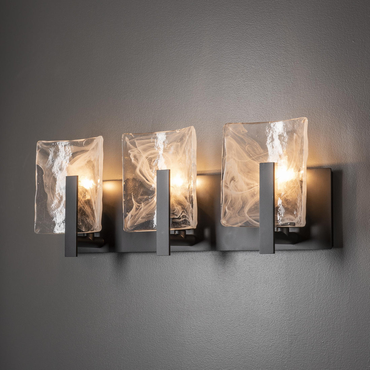 Hubbardton Forge 2022 Black White Swirl Glass (YR) Arc 3-Light Bath Sconce