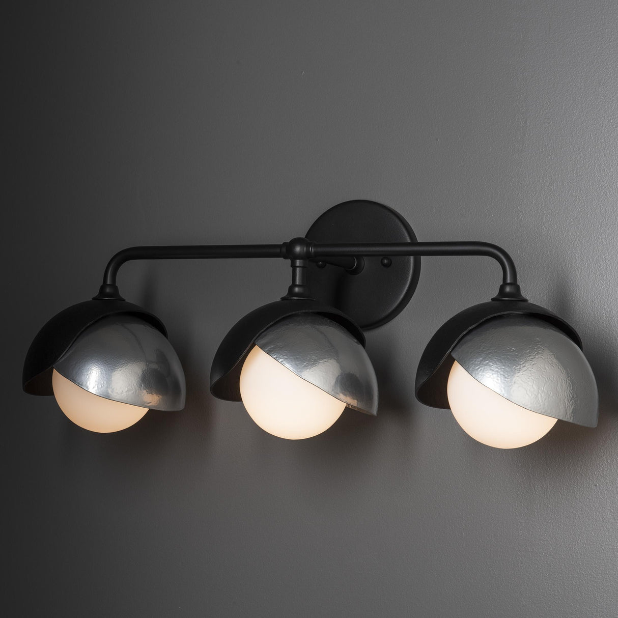 Hubbardton Forge 2022 Black Sterling Opal Glass (GG) Brooklyn 3-Light Double Shade Bath Sconce