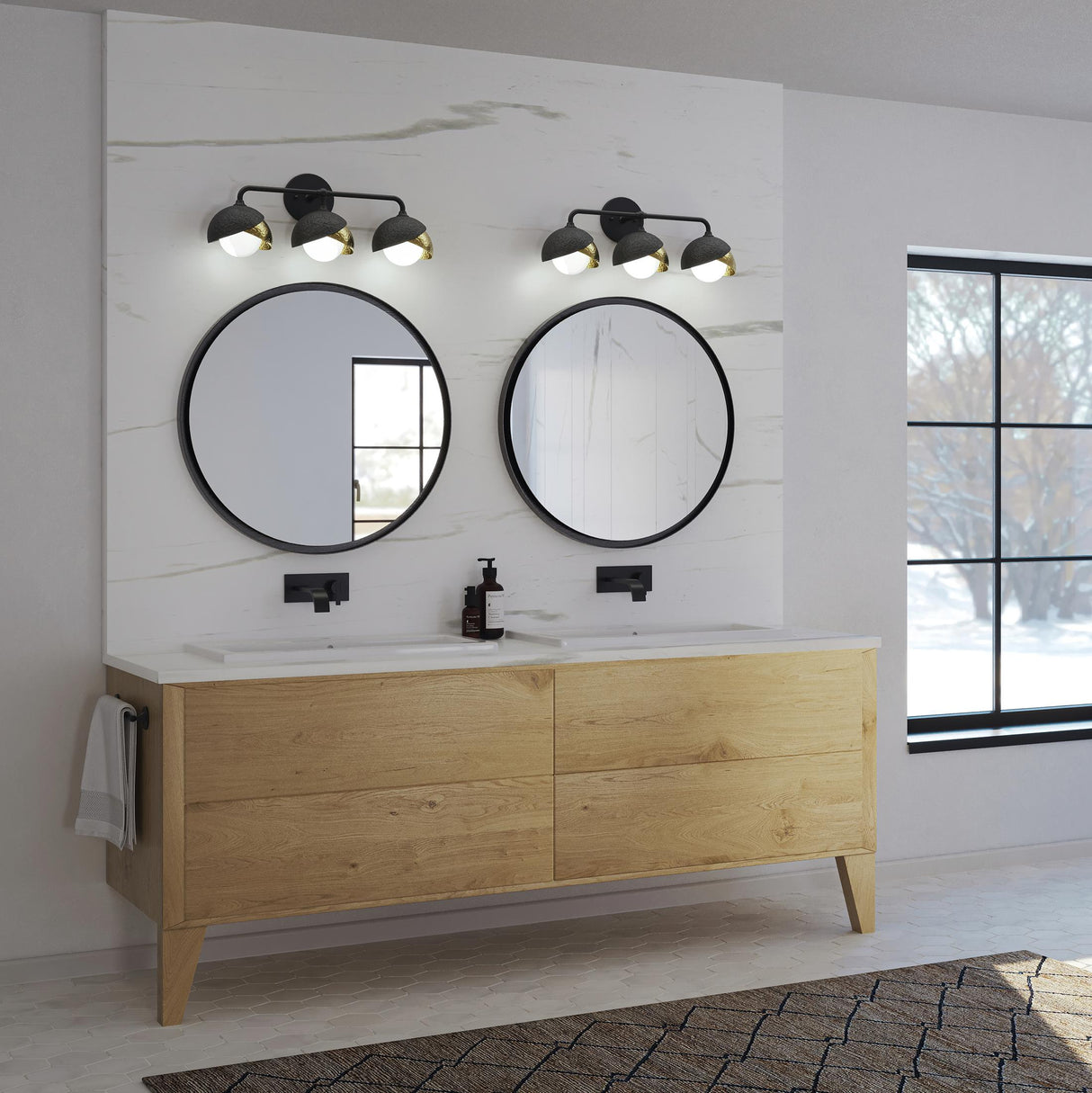 Hubbardton Forge 2022 Black Modern Brass Opal Glass (GG) Brooklyn 3-Light Double Shade Bath Sconce