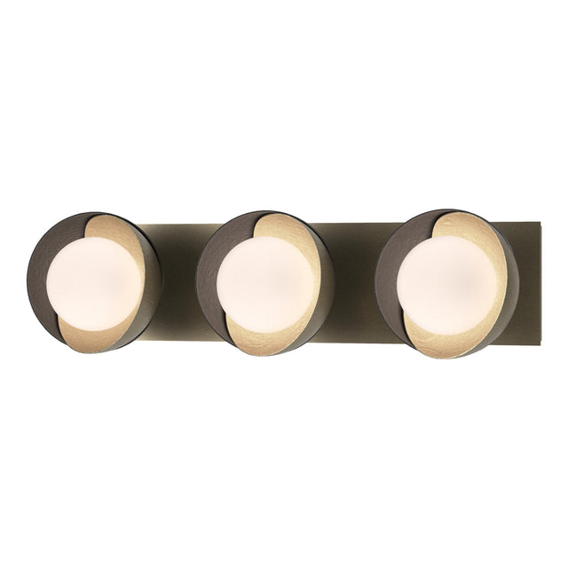 Hubbardton Forge 2022 Soft Gold Black Opal Glass (GG) Brooklyn 3-Light Straight Double Shade Bath Sconce