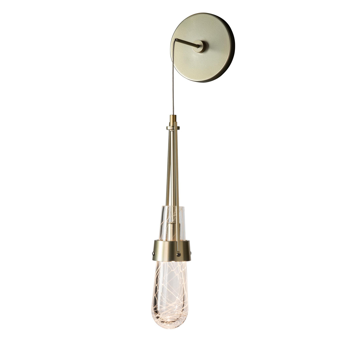 Hubbardton Forge 2022 Modern Brass Clear Glass with White Threading (YJ) Link Blown Glass Low Voltage Sconce