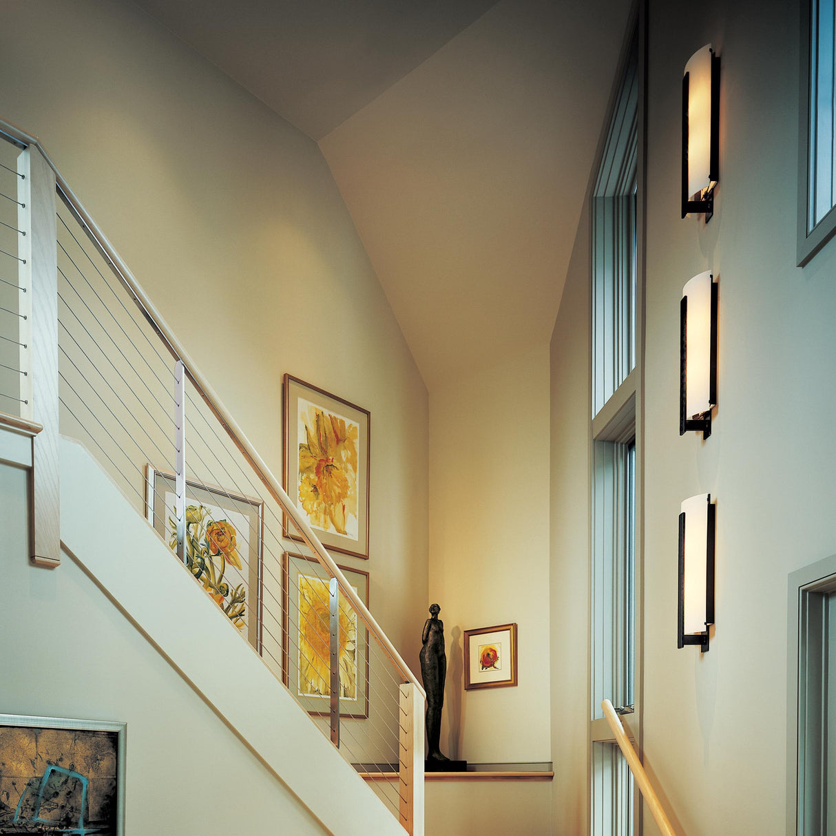 Hubbardton Forge 2002 Natural Iron White Art Glass (BB) Forged Vertical Bar Large Sconce