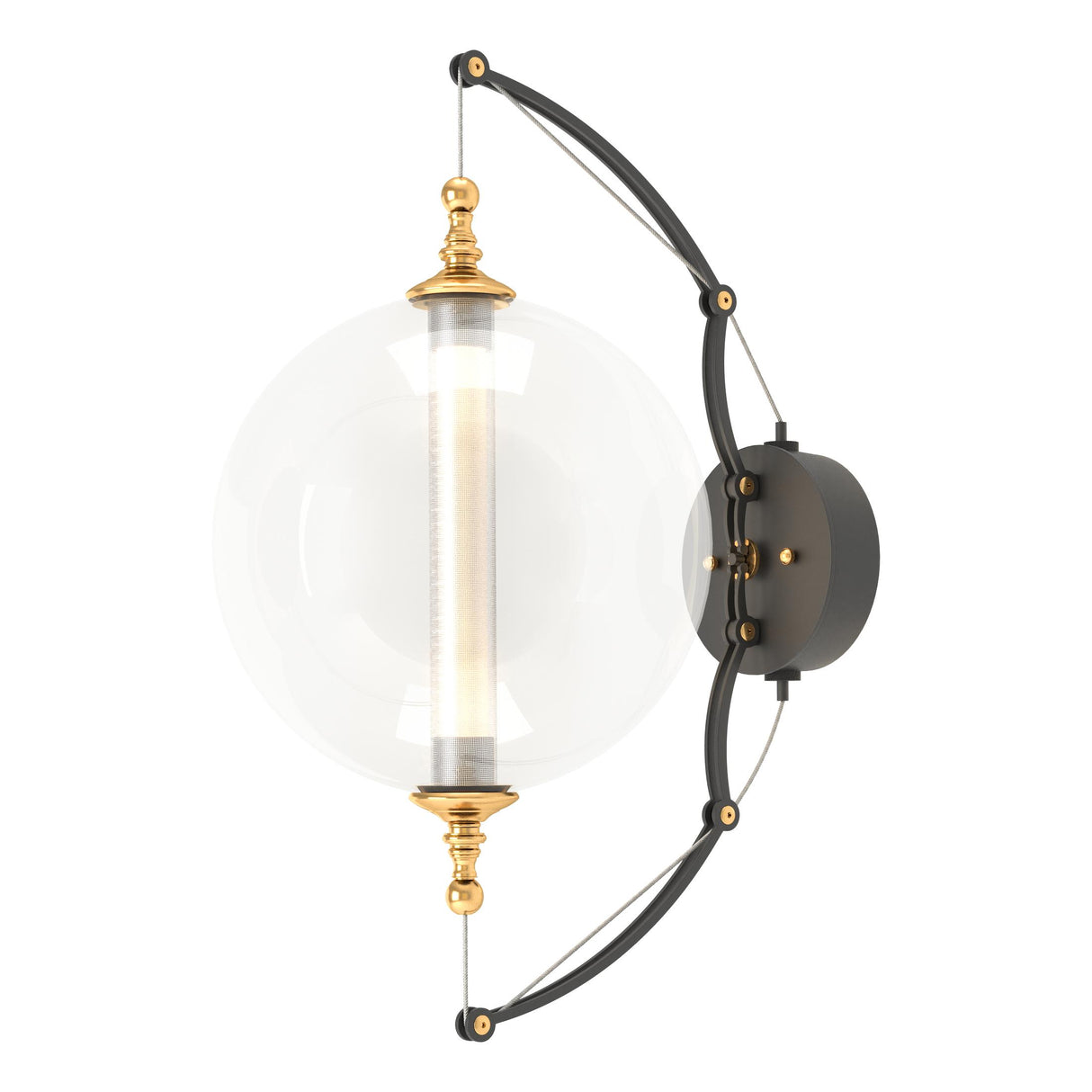 Hubbardton Forge 2017 Black with Brass Accents Clear Glass with Stainless Steel Mesh Tube (YT) Otto Sphere Sconce
