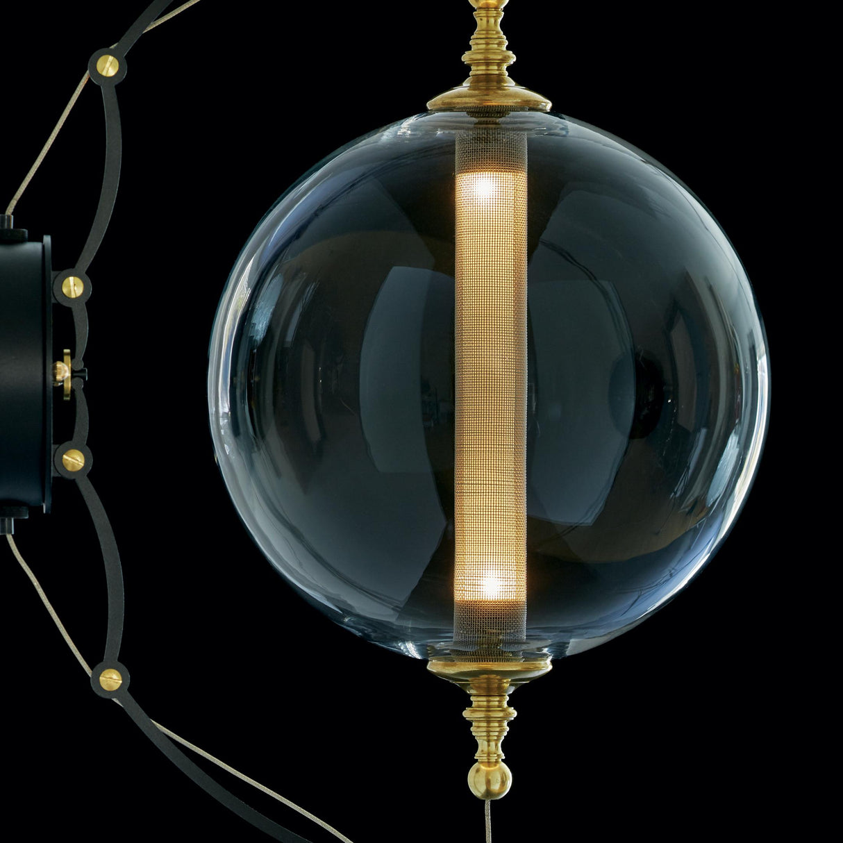 Hubbardton Forge 2017 Black with Brass Accents Clear Glass with Stainless Steel Mesh Tube (YT) Otto Sphere Sconce