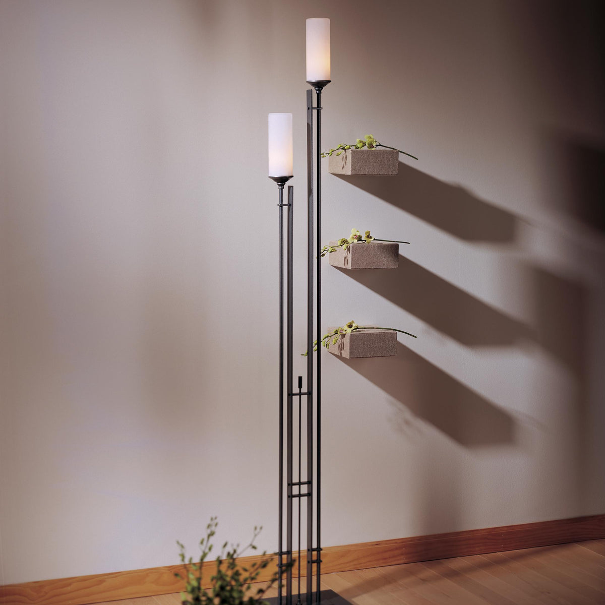 Hubbardton Forge 2004 Natural Iron Opal Glass (GG) Metra Twin Tall Floor Lamp