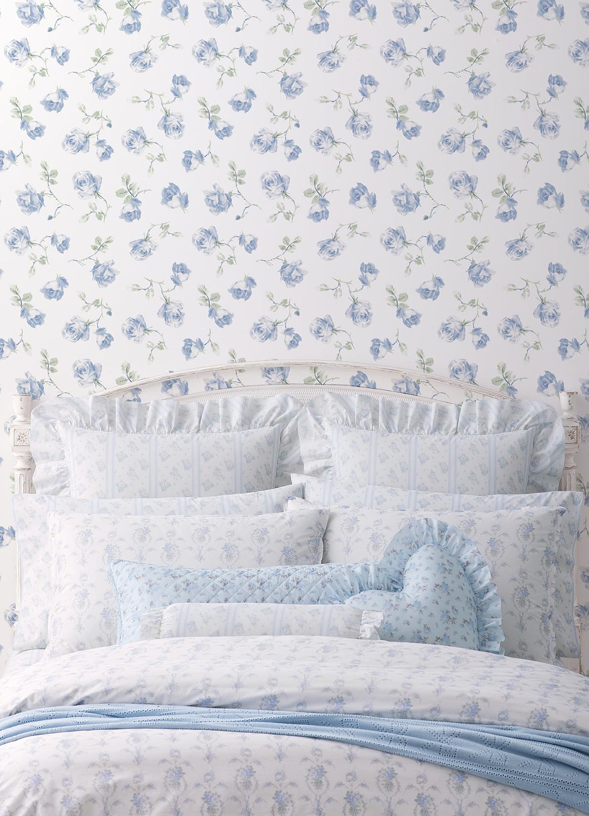 A-Street Prints Ribbon Rosa French Blue Loose Roses Wallpaper