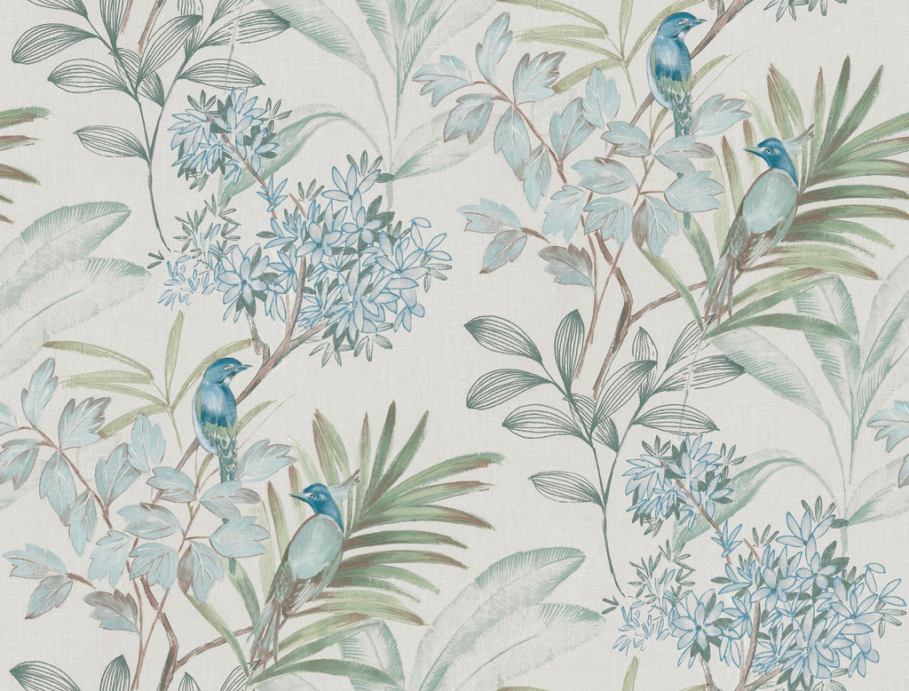 York Turquiose Handpainted Songbird Peel & Stick Blue Wallpaper