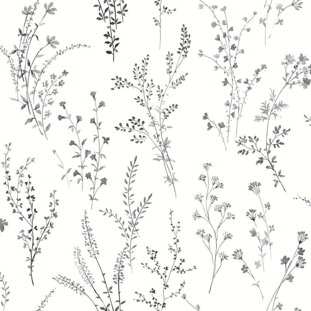 York Black & White Wildflower Sprigs Peel & Stick Black Wallpaper