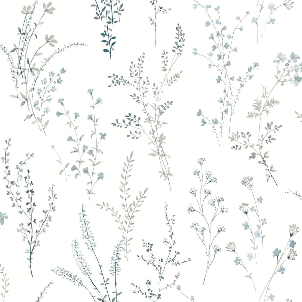 York Blue & Green Wildflower Sprigs Peel & Stick Blue Wallpaper