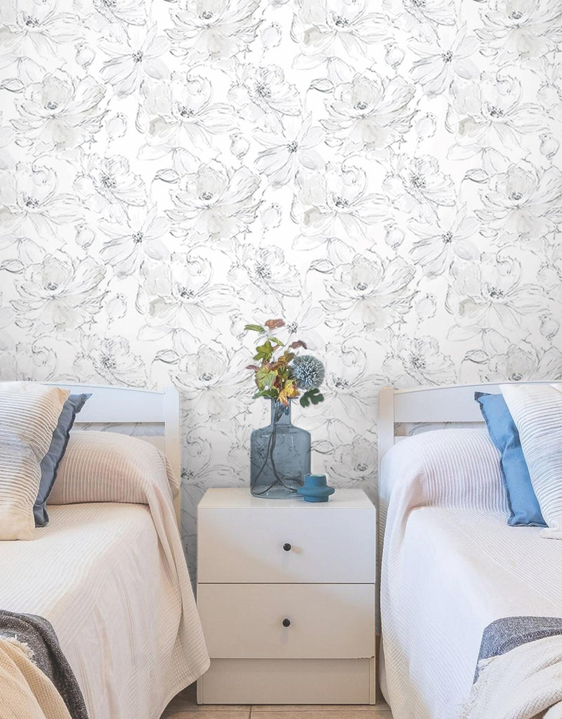 York Grey Floral Dreams Peel & Stick Grey Wallpaper