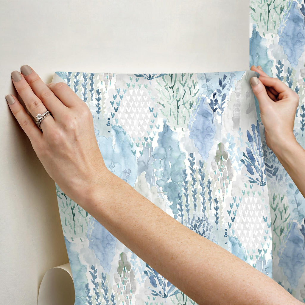 RoomMates Blue Watercolor Tree Mosaic Peel & Stick Blue Wallpaper