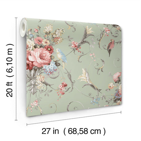 York Eucalyptus Parrots With Floral Bouquets Peel & Stick Green Wallpaper