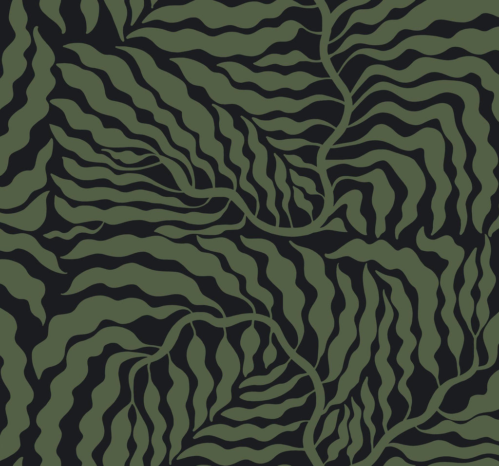 York Black & Green Fern Fronds Green Wallpaper