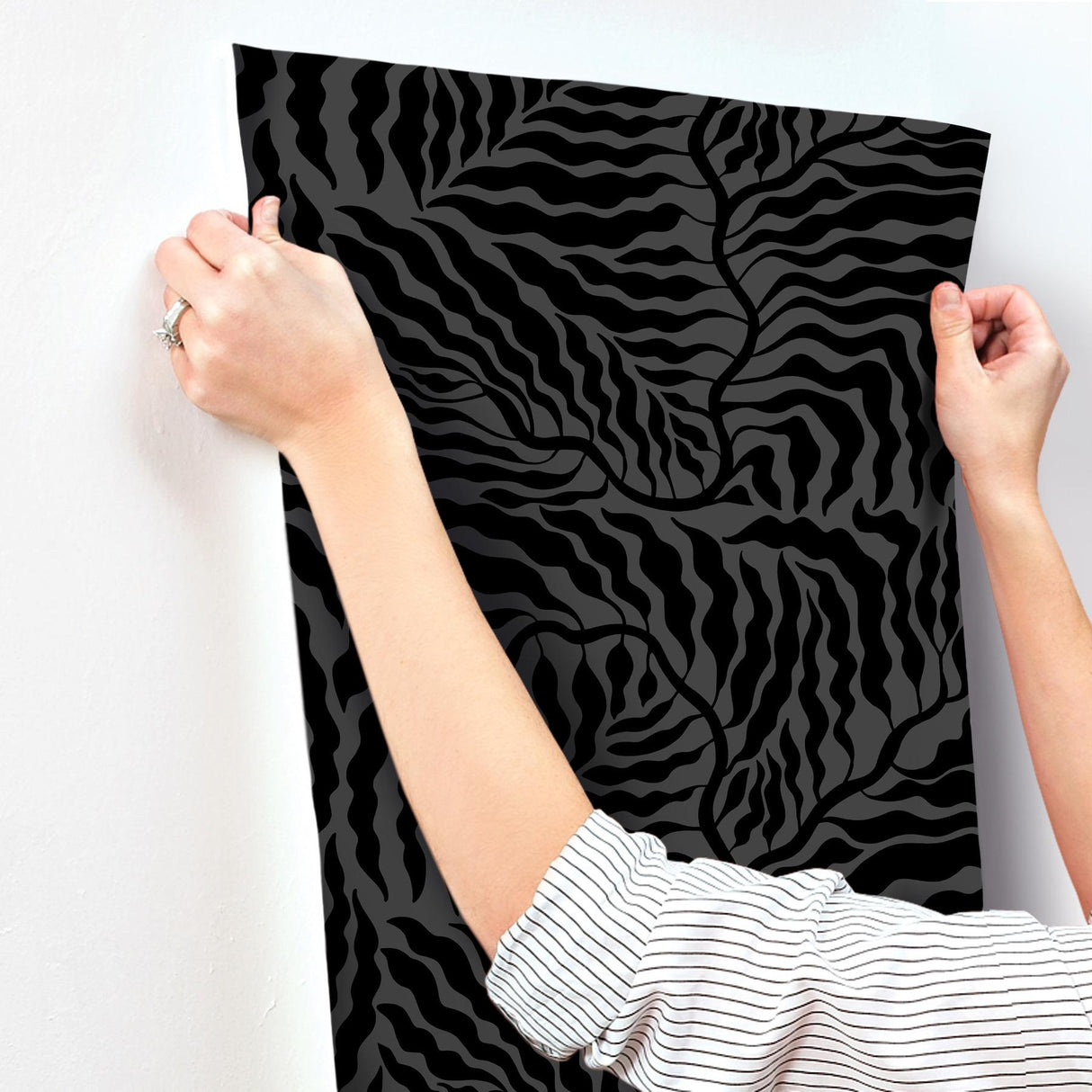 York Black Fern Fronds Black Wallpaper
