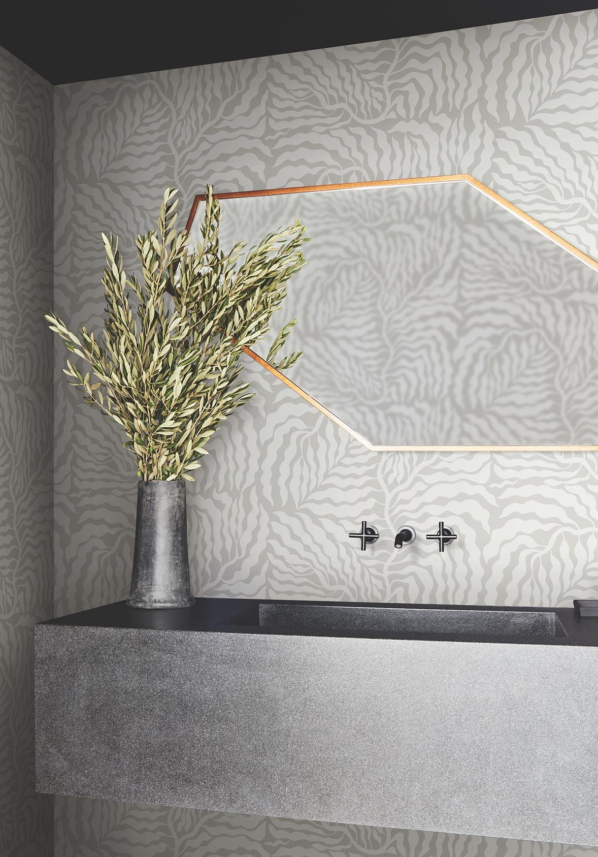 York Grey & White Fern Fronds Grey Wallpaper