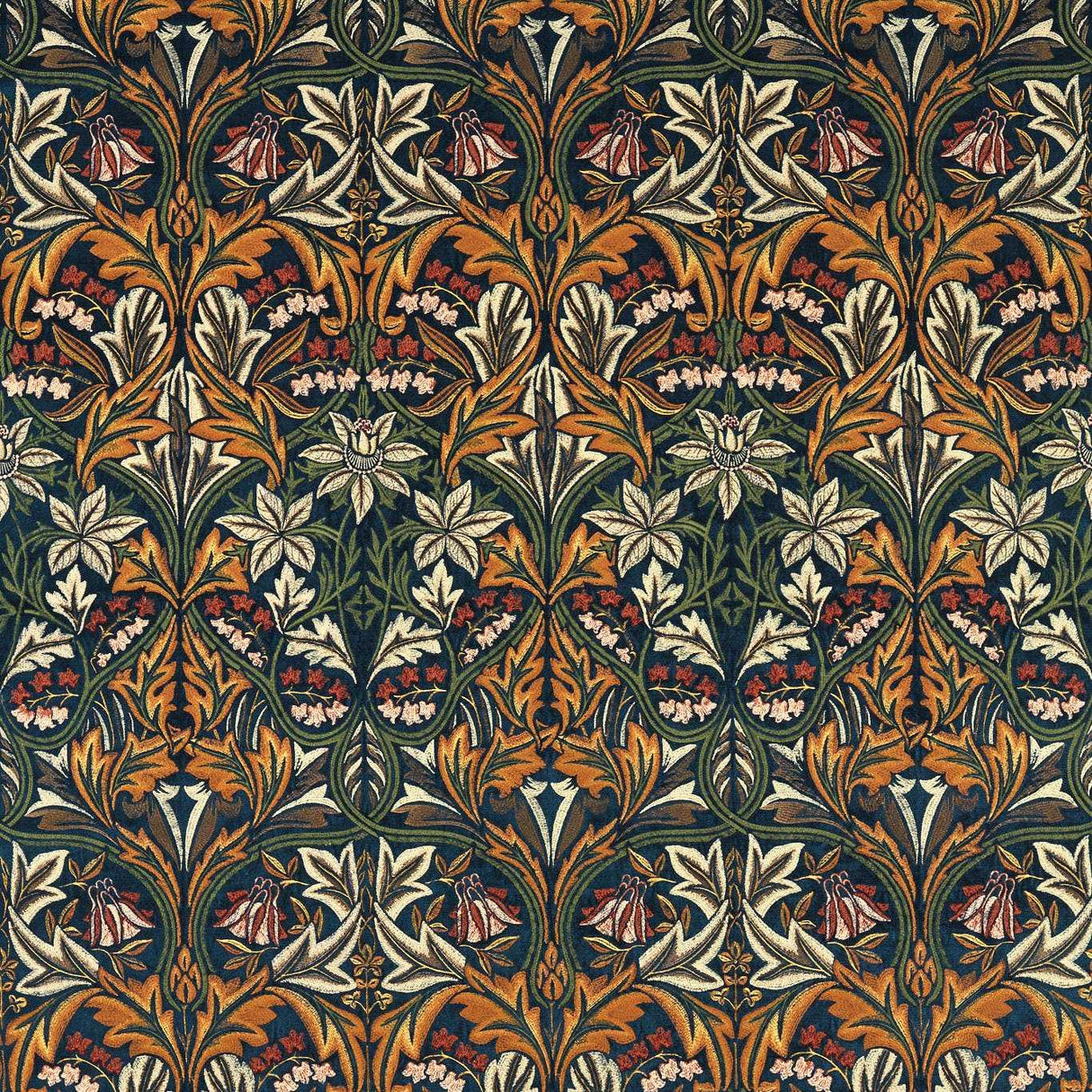 Morris & Co Bluebell Embroidery Indigo/Russet Fabric