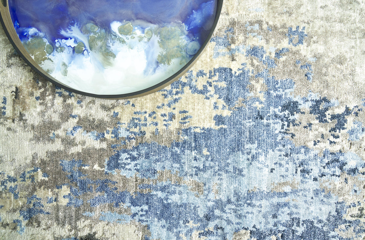 Exquisite Rugs Cosmo Hand-knotted Wool/Bamboo Silk 4343 Silver/Blue/Ivory 9' x 12' Area Rug