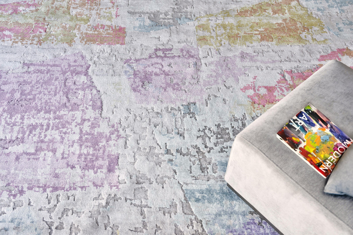 Exquisite Rugs Floor Art Hand-knotted Bamboo Silk 5501 Ivory/Blue/Gold/Lavender 10' x 14' Area Rug