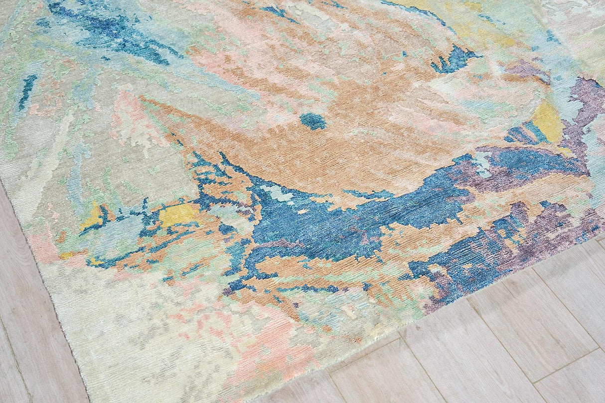 Exquisite Rugs Floor Art Hand-knotted Bamboo Silk 6315 Ivory/Gold/Blue 14' x 10' Area Rug