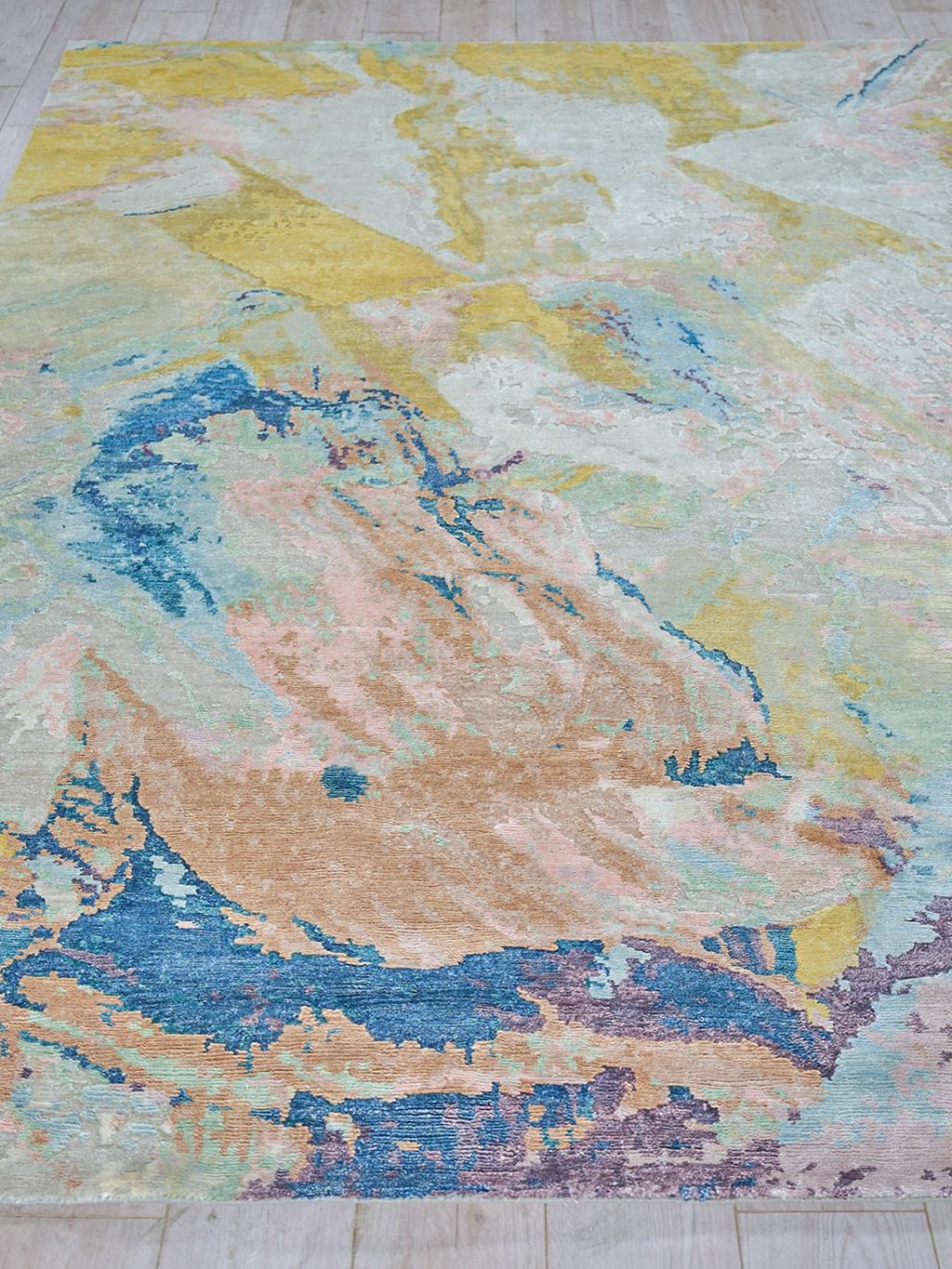 Exquisite Rugs Floor Art Hand-knotted Bamboo Silk 6315 Ivory/Gold/Blue 14' x 10' Area Rug