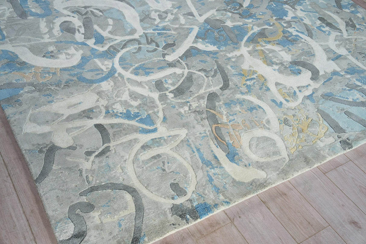 Exquisite Rugs Gianni Hand-loomed Wool/Bamboo Silk 6246 Blues/Silver/Ivory 9' x 6' Area Rug