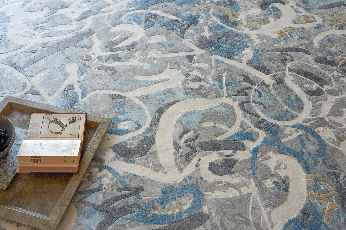 Exquisite Rugs Gianni Hand-loomed Wool/Bamboo Silk 6246 Blues/Silver/Ivory 9' x 6' Area Rug