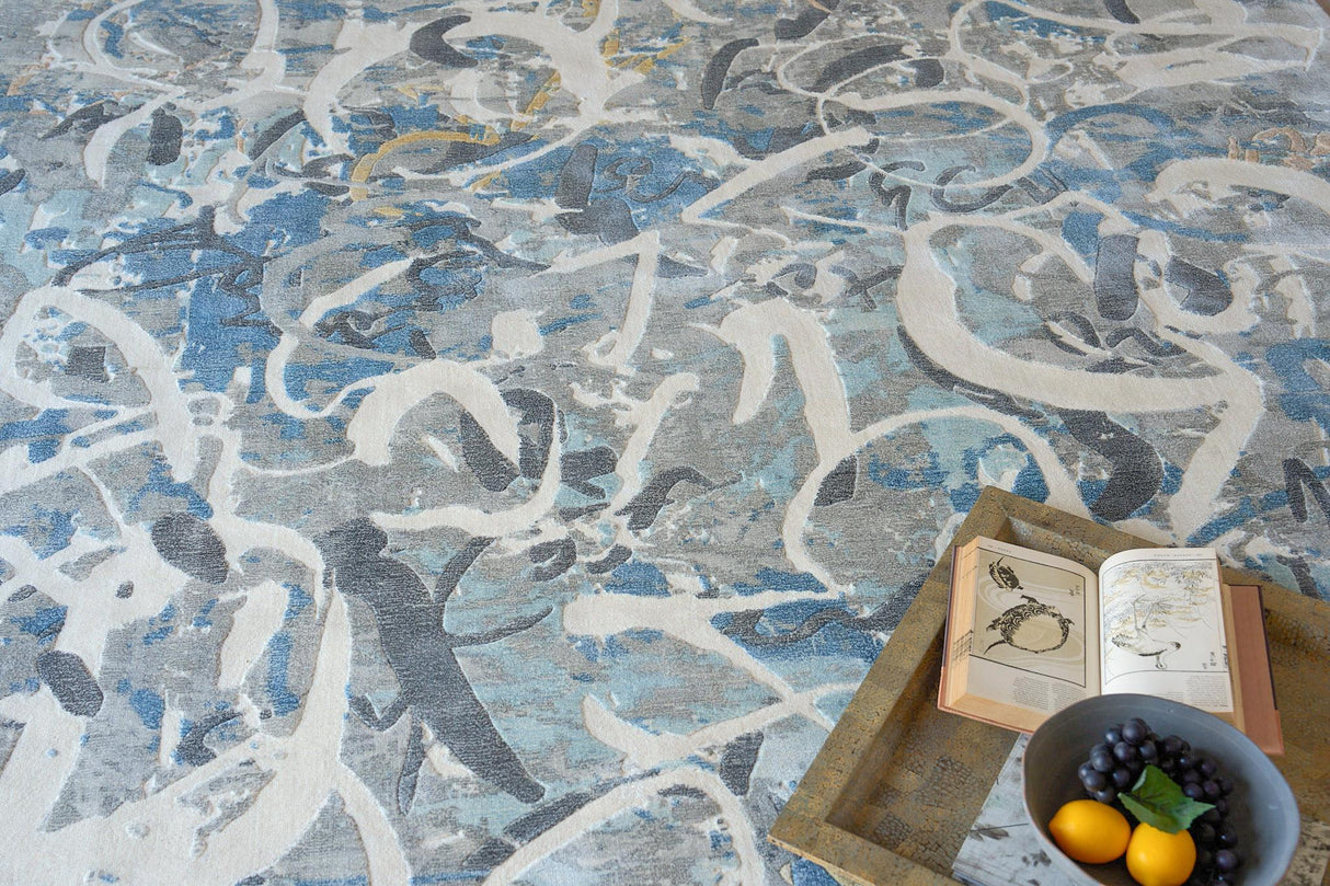Exquisite Rugs Gianni Hand-loomed Wool/Bamboo Silk 6246 Blues/Silver/Ivory 9' x 6' Area Rug