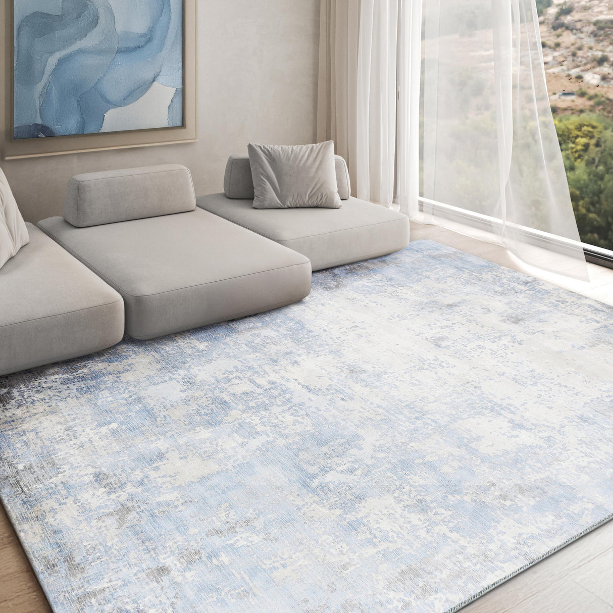 Exquisite Rugs Murano Hand-loomed Wool/Bamboo Silk 4028 Silver/Blue 9' x 6' Area Rug