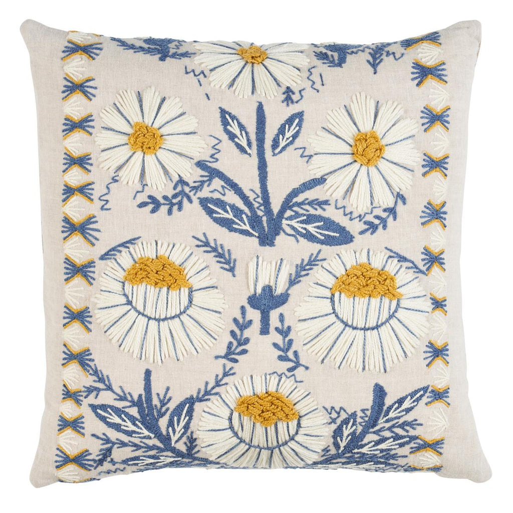 Schumacher Marguerite Embroidery Blue & Ochre 20" x 20" Pillow