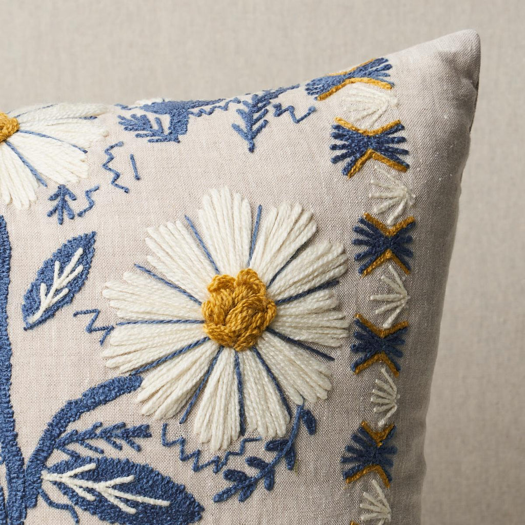 Schumacher Marguerite Embroidery Blue & Ochre 20" x 20" Pillow
