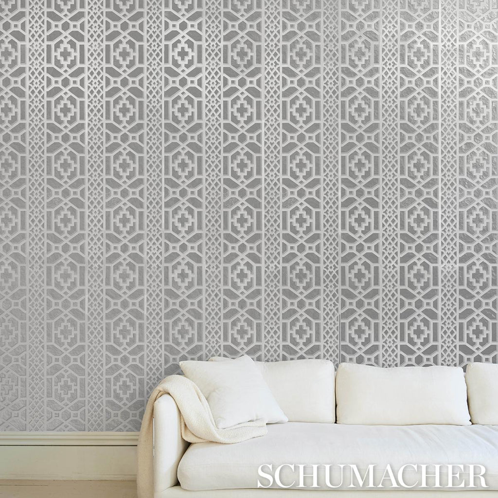 Schumacher Zanzibar Trellis Mylar Silver Mylar Wallpaper