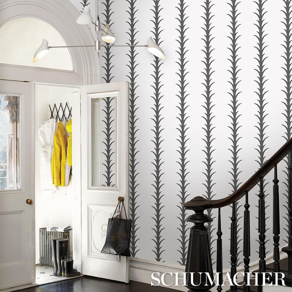 Schumacher Acanthus Stripe Carbon On Ivory Wallpaper