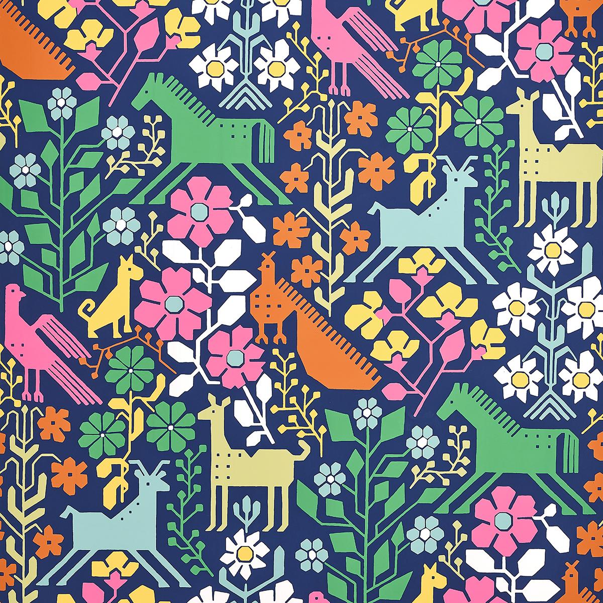 Schumacher Lupita Multi On Navy Wallpaper