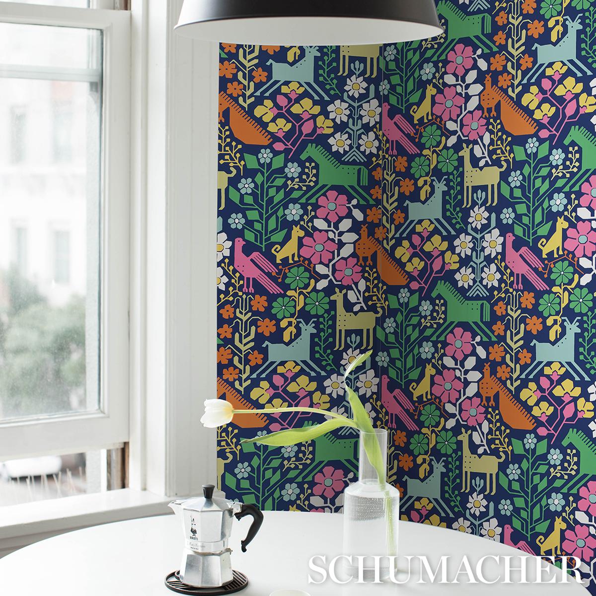 Schumacher Lupita Multi On Navy Wallpaper