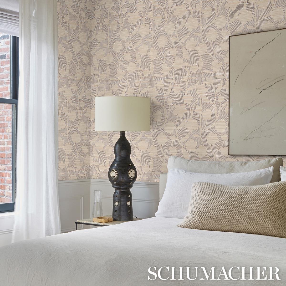 Schumacher Kantha Embroidered Flower Sisal Carbon Wallpaper