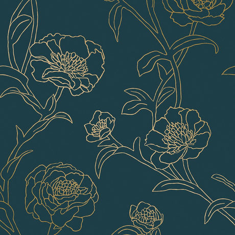 Tempaper Delicate Peony Blue and Gold Peel and Stick Wallpaper, 28 sq. ft.