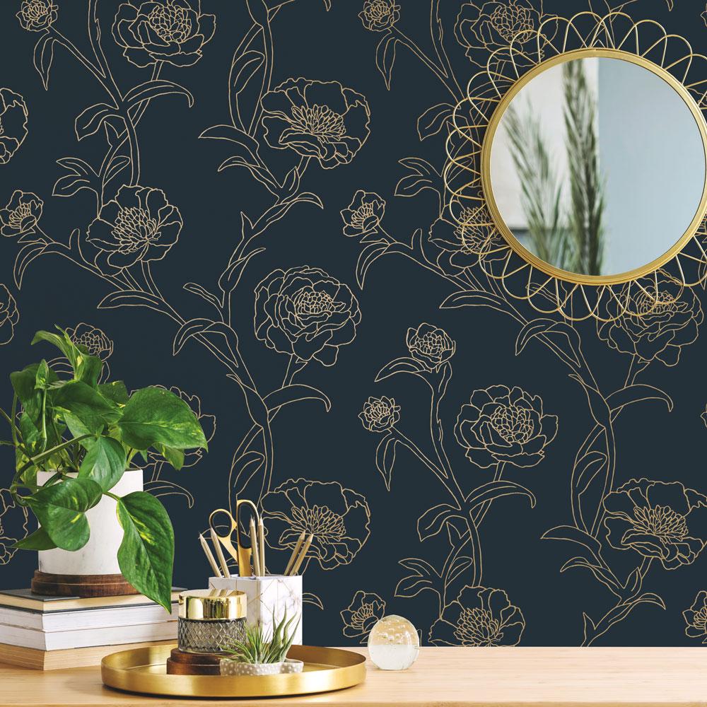 DecoratorsBest Delicate Peony Blue and Gold Peel and Stick Wallpaper, 28 sq. ft.