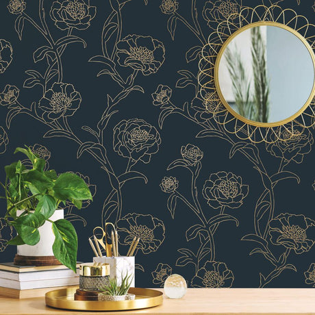DecoratorsBest Delicate Peony Blue and Gold Peel and Stick Wallpaper, 28 sq. ft.