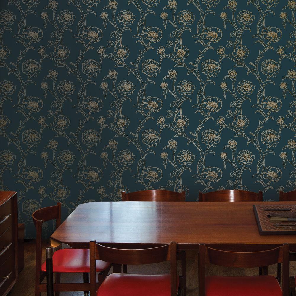 DecoratorsBest Delicate Peony Blue and Gold Peel and Stick Wallpaper, 28 sq. ft.