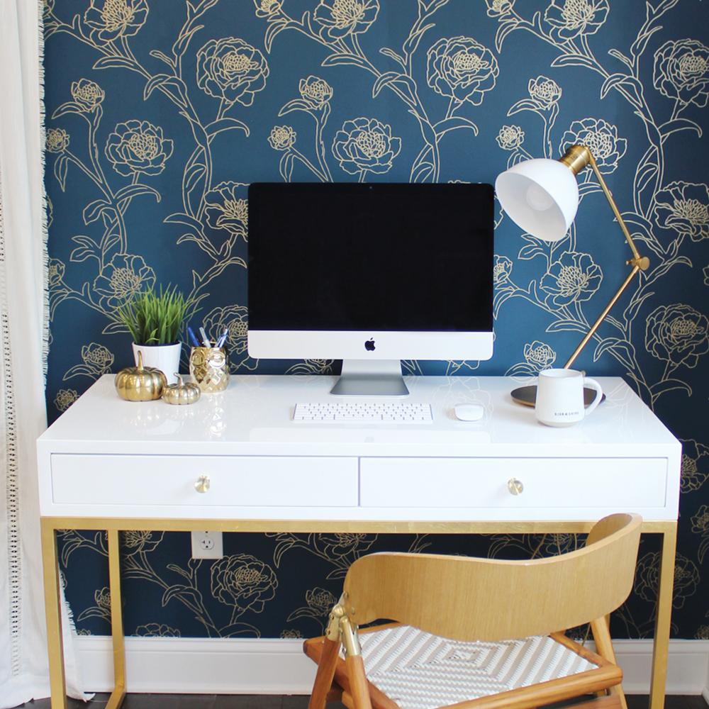 DecoratorsBest Delicate Peony Blue and Gold Peel and Stick Wallpaper, 28 sq. ft.