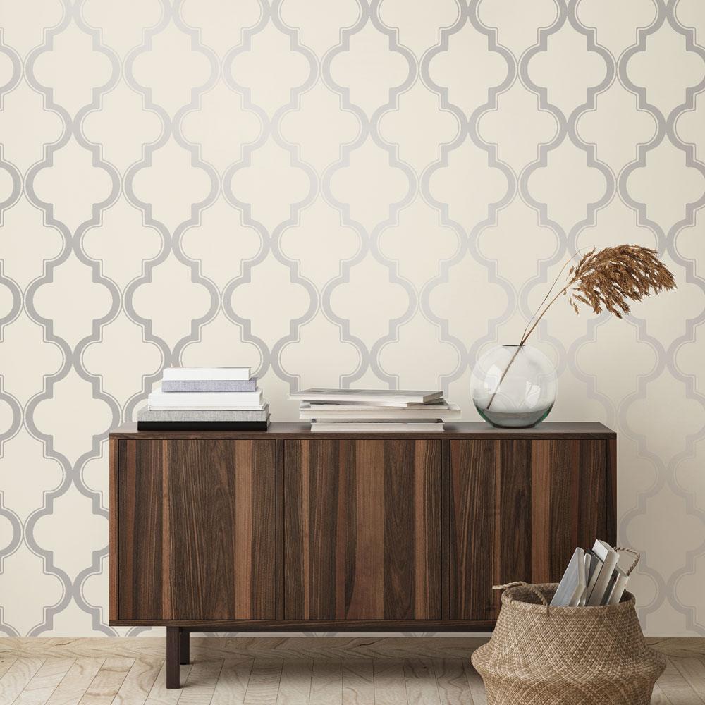 DecoratorsBest Arabesque Ivory and Silver Peel and Stick Wallpaper, 28 sq. ft.