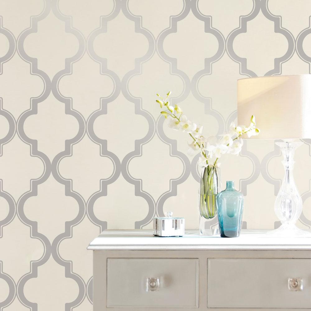 DecoratorsBest Arabesque Ivory and Silver Peel and Stick Wallpaper, 28 sq. ft.