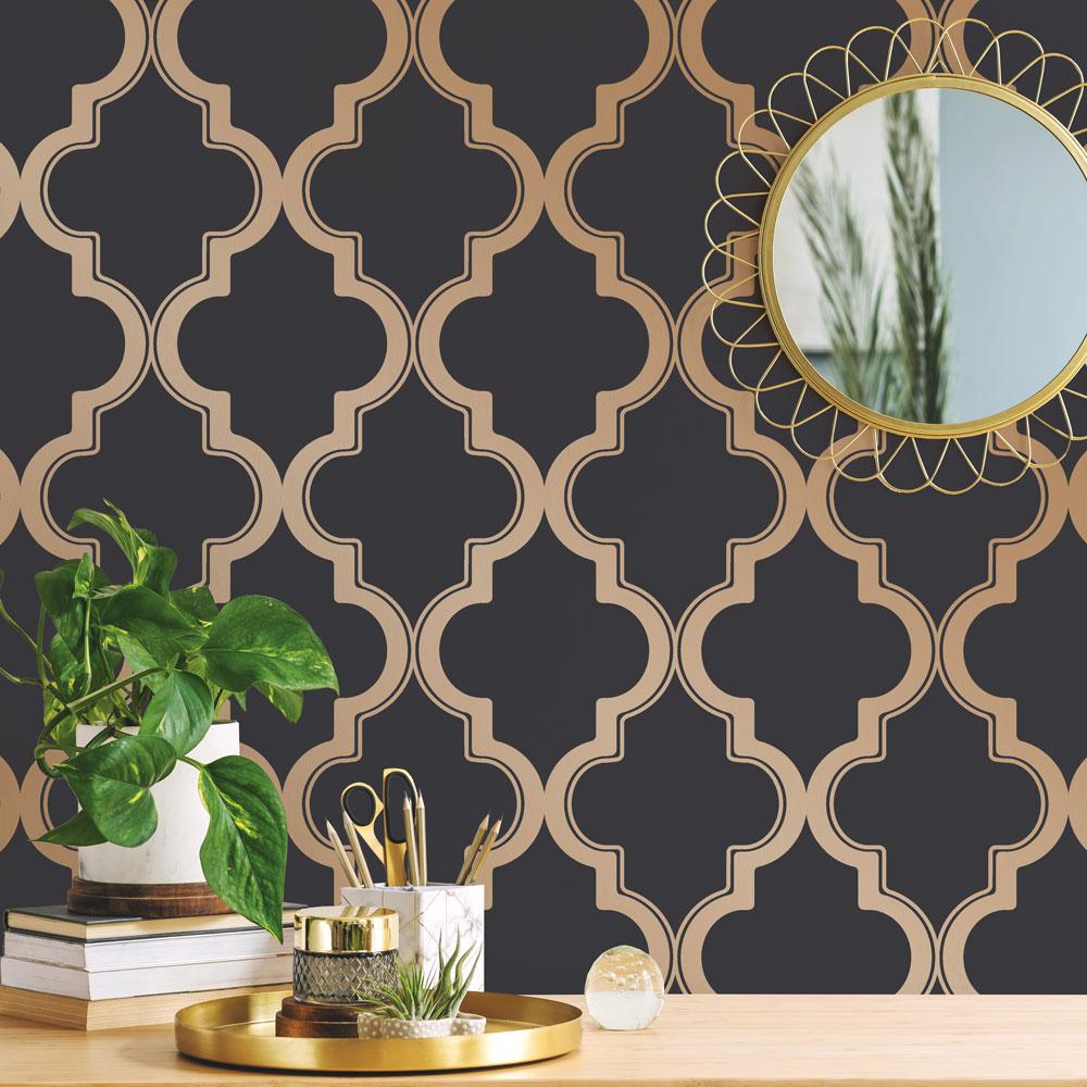 DecoratorsBest Arabesque Black and Gold Peel and Stick Wallpaper, 28 sq. ft.