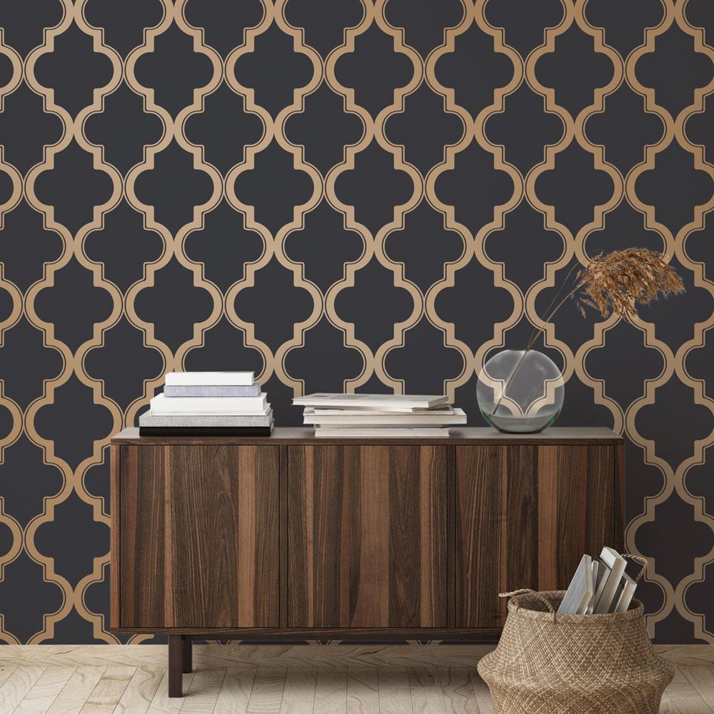 DecoratorsBest Arabesque Black and Gold Peel and Stick Wallpaper, 28 sq. ft.