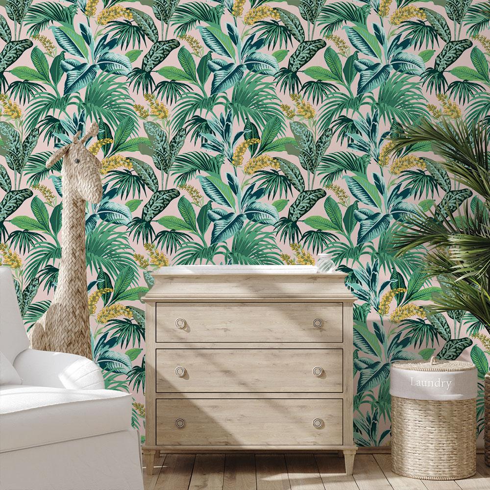 DecoratorsBest Sunset Palms Pink and Green Peel and Stick Wallpaper, 28 sq. ft.