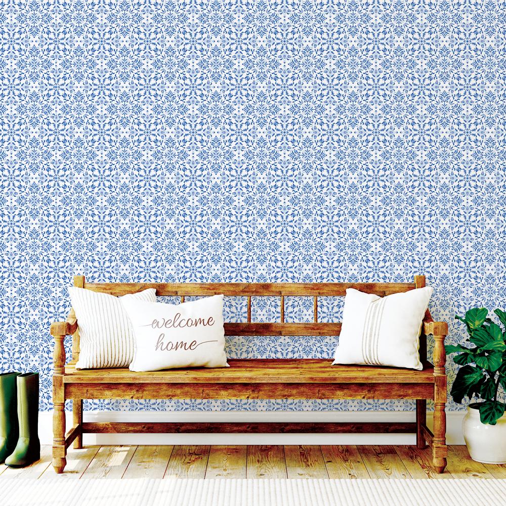 DecoratorsBest Ornate Tile Blue Peel and Stick Wallpaper, 28 sq. ft.