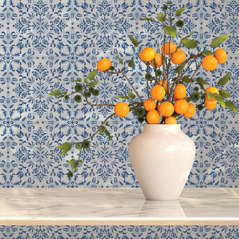 DecoratorsBest Ornate Tile Blue Peel and Stick Wallpaper, 28 sq. ft.