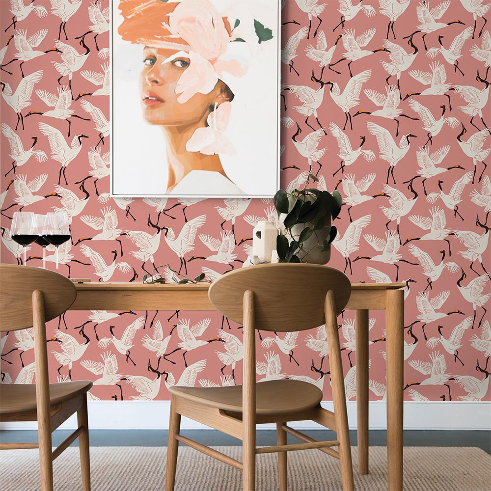 DecoratorsBest Flying Cranes by The Novogratz Pink Peel and Stick Wallpaper, 28 sq. ft.