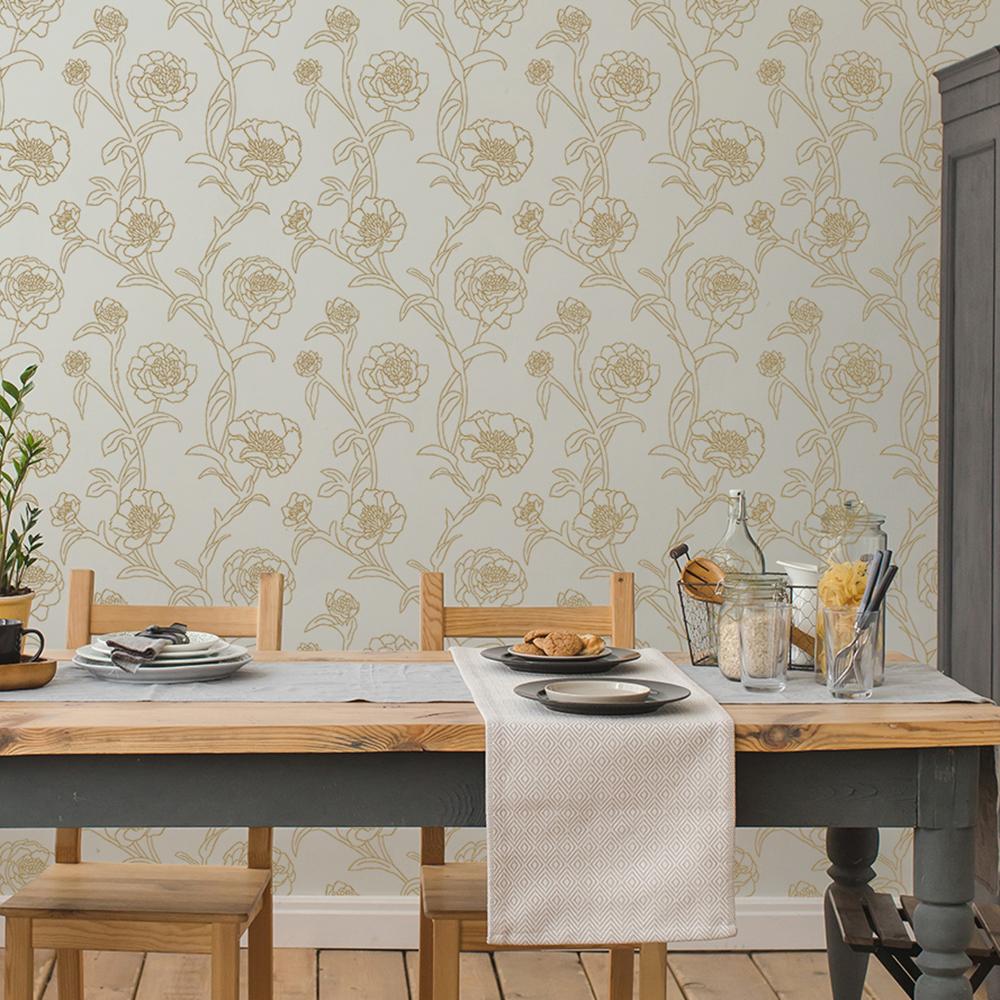 DecoratorsBest Delicate Peony Metallic Gold Peel and Stick Wallpaper, 56 sq. ft.
