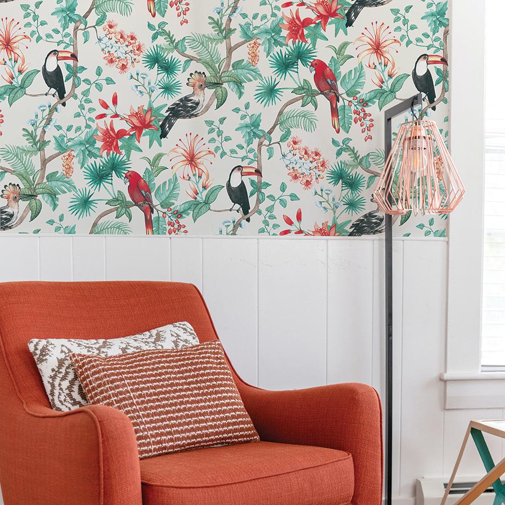 DecoratorsBest Tropical Birds White Peel and Stick Wallpaper, 56 sq. ft.